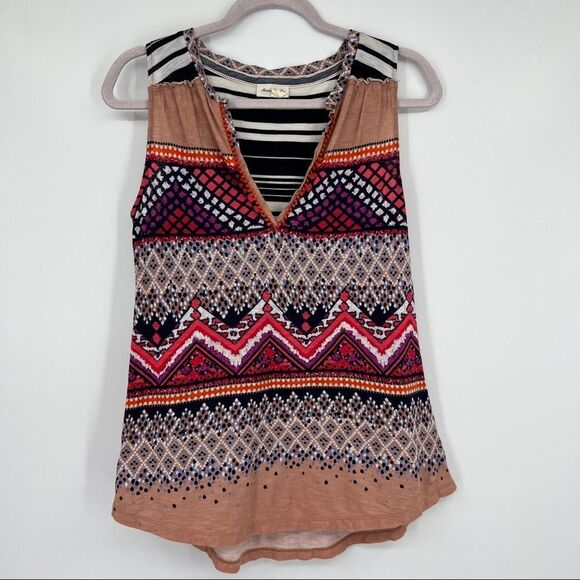 Anthropologie Meadow Rue V Neck Print Peplum Pom Pom Striped Sleeveless Tank Top - Picture 1 of 9